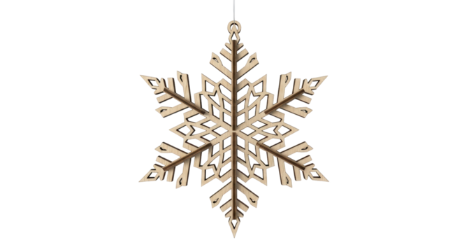 Wooden snowflake ornament isolated PNG, intricate laser-cut design for Christmas tree decoration and winter holiday crafts on transparent background