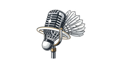 A detailed illustration of a vintage microphone combined with a badminton shuttlecock, a creative design.