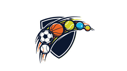 Sports logo featuring a shield and various sports balls in a dynamic arrangement.