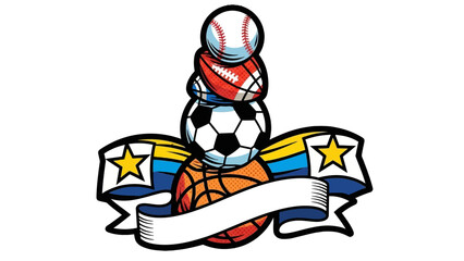 Illustration of a tower of different sports equipment like baseball, football, soccer, and basketball, adorned with a striped banner and stars.