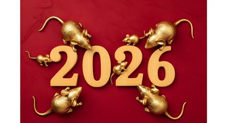 Golden rats surround the year 2026 numbers isolated on white background