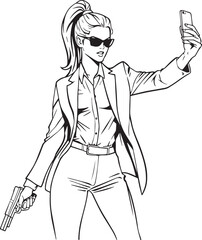 Fashion sketch vector illustration of a model in sunglasses with a handbag