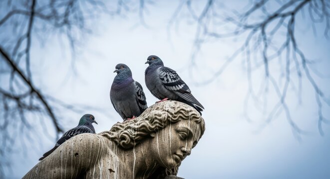 Three pigeons perched on a weathered stone statue in a leafless park