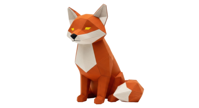 Geometric orange fox sitting isolated PNG on transparent background, polygonal papercraft animal for graphic design and decoration