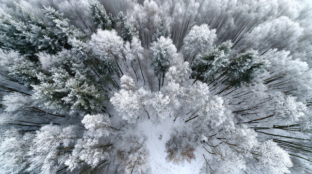 A beautiful snowy forest landscape. Aerial view of snow-covered trees and branches, creating a peaceful, wintry scene with light and shadows. - Powered by Adobe