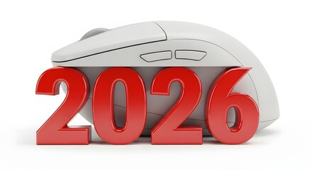 Red 2026 numbers partially obscuring a white computer mouse isolated on white background
