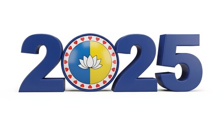 The year 2025 represented by blue numbers and a circular emblem isolated on white background