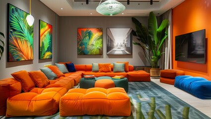 Vibrant Living Room Design: Modern living room interior with contemporary art pieces and comfortable seating, creating a lively and stylish living space.