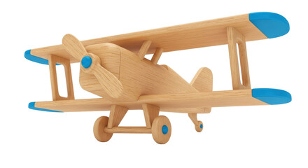 Wooden toy airplane PNG isolated on transparent background, biplane model with blue accents for kids room decor and aviation themes © James