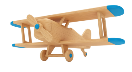 Wooden toy airplane PNG isolated on transparent background, biplane model with blue accents for kids room decor and aviation themes