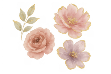 Watercolor floral arrangement with pink roses, blooming flowers, and golden leaves creating a delicate design element