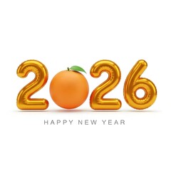 Golden 2026 balloons with an orange and happy new year text isolated on white background