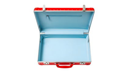 Open red and light blue suitcase on a black background