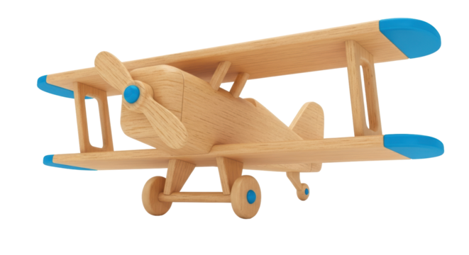 Wooden toy airplane PNG isolated on transparent background, biplane model with blue accents for kids room decor and aviation themes
