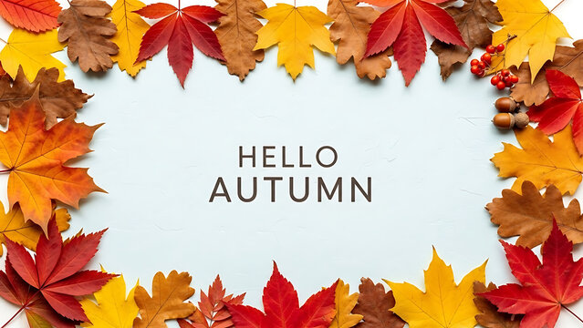Autumn leaves frame saying hello to the season of fall with vibrant colors and textures