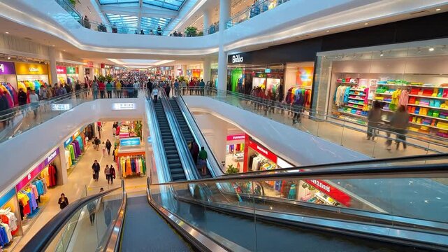 Crowded shopping mall interior with escalators