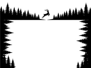 Silhouette of a leaping deer above trees with a frame of pine trees on the sides and top edge