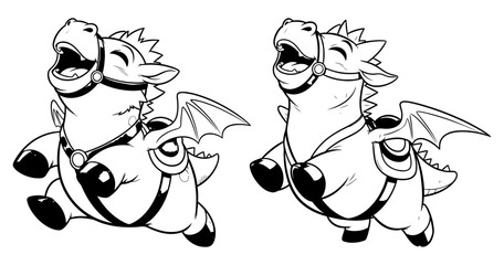 Two cartoon style winged horses with open mouths and harnesses in black and white outline drawing