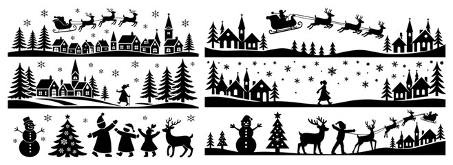Silhouetted christmas scenes featuring santa's sleigh, snowmen, trees, and winter landscapes in black and white