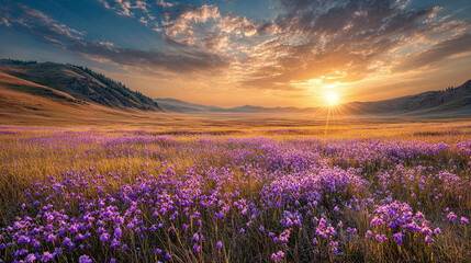 Fototapeta premium Golden sunset bathes a vast meadow filled with vibrant purple wildflowers, creating a serene and picturesque landscape.