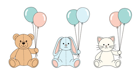 Naklejka premium Cute set of three stuffed animal toys a bear a rabbit and a cat each holding colorful balloons on a white background.