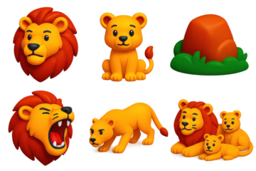Lion Pride Icons. 3D icon set of lion pride: mane, cub, savanna rock, roar, hunt, sunbathing group. A set of 3D-style icons in a