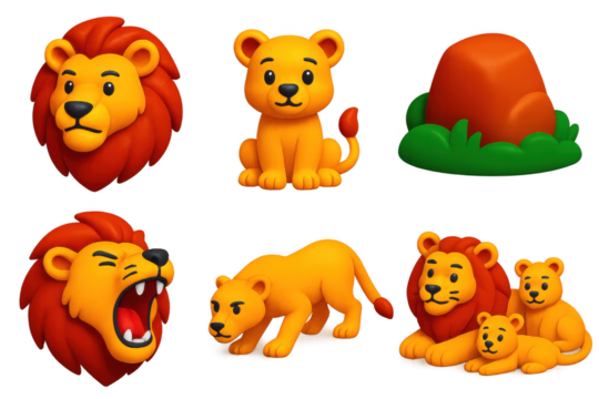 Lion Pride Icons. 3D icon set of lion pride: mane, cub, savanna rock, roar, hunt, sunbathing group. A set of 3D-style icons in a