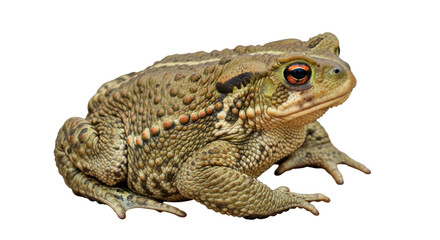 Fototapeta premium Large brown toad isolated PNG on transparent background, amphibian with bumpy skin and orange eyes for wildlife and nature designs