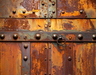 Close-up of a heavily rusted metal door with rivets and a small handle