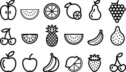 Assortment of black and white line art fruit icons Keywords: fruit, icon, symbol, line art