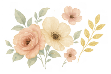 Watercolor floral arrangement with pale roses, anemones, leaves. Hand painted flower bouquet design element