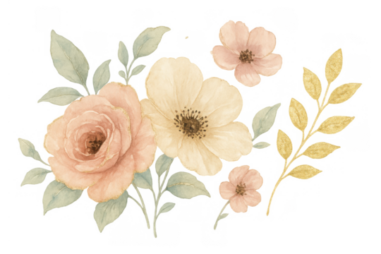 Watercolor floral arrangement with pale roses, anemones, leaves. Hand painted flower bouquet design element