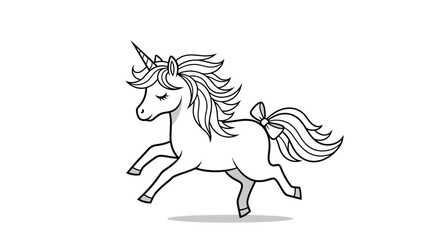Fototapeta premium Cute prancing unicorn with a large bow on its tail in a simple black and white line art style for coloring book pages.