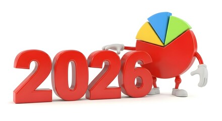 Cartoon pie chart character interacting with the year 2026 numbers isolated on white background