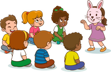 Vector illustration of children playing fun games together. A child wearing a bunny mask imitates a rabbit. Vector illustration.