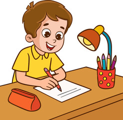 vector illustration of children studying at his desk.A child working on his homework at his desk. A child writing on a piece of paper.