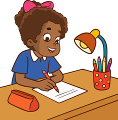vector illustration of children studying at his desk.A child working on his homework at his desk. A child writing on a piece of paper.