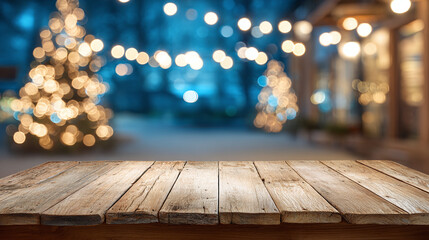 Rustic wooden surface in front of a festive, blurred city scene adorned with bright lights and warm glowing trees, inviting and enchanting.