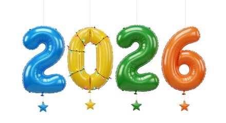 Colorful number balloons forming 2026 isolated on white background