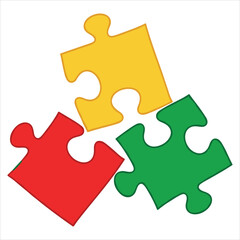 Bright yellow red green puzzle pieces, connecting, solution isolated on white background, Vector