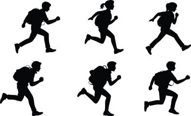 Black vector silhouettes of school children running with backpacks, rushing to class, active students set, isolated on white background.