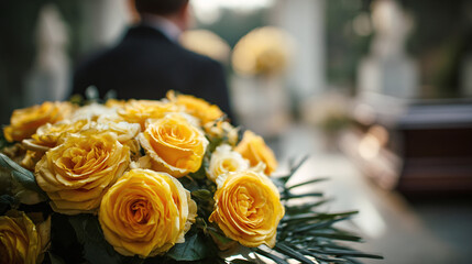A touching moment of remembrance with yellow roses offering hope and honoring a loved one in times of solemn reflection and heartfelt emotion.