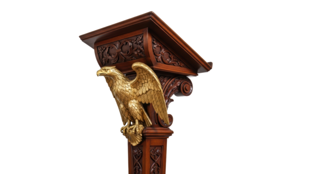 Ornate wooden lectern with golden eagle statue isolated PNG, antique pulpit for church or historical presentation on transparent background