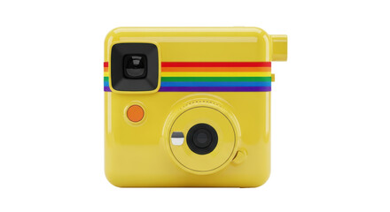 Yellow toy camera with rainbow stripe isolated PNG, fun photography prop for kids and creative projects on transparent background © James
