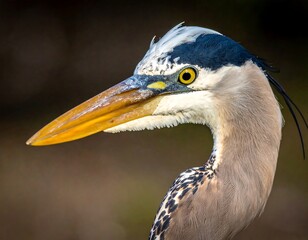 Close-up of a heron with golden eyes, sleek feathers, and a long beak, set against a blurred, natural background