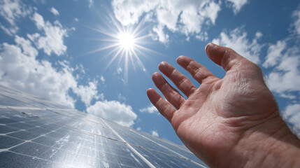 Sunlight shines upon a solar panel array with a hand reaching skyward, symbolizing clean energy and environmental stewardship under blue skies.