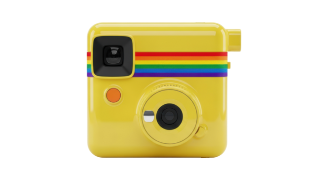 Yellow toy camera with rainbow stripe isolated PNG, fun photography prop for kids and creative projects on transparent background - Powered by Adobe