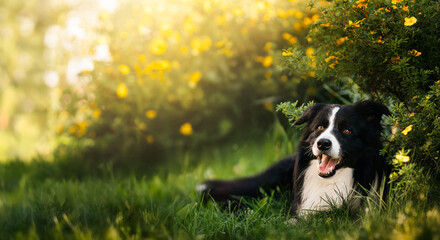 Border Collie Black White Lying in Sunny Flower Meadow. A black and white Border Collie lies on green grass beside yellow flowering bushes in warm sunlight. 