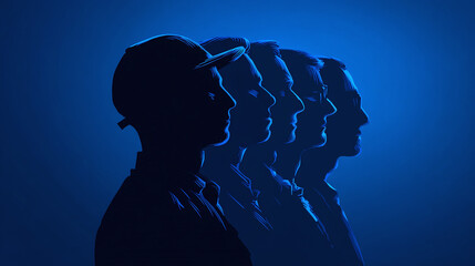 A line of worker's faces show strength, vision and perseverance. The profiles illuminate their resolve to innovate the future together.