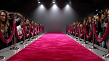 Red carpet event scene showcasing a glamorous pathway lined with velvet ropes and photographers capturing the moment, with a gradual zoom in on the vibrant atmosphere and excitement